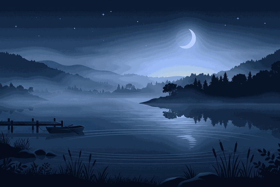Ilustrasi danau berkabut saat fajar dengan riak air tenang bernuansa biru malam