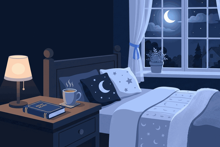 Ilustrasi meja kecil di samping tempat tidur dengan lampu redup, cangkir teh, dan buku