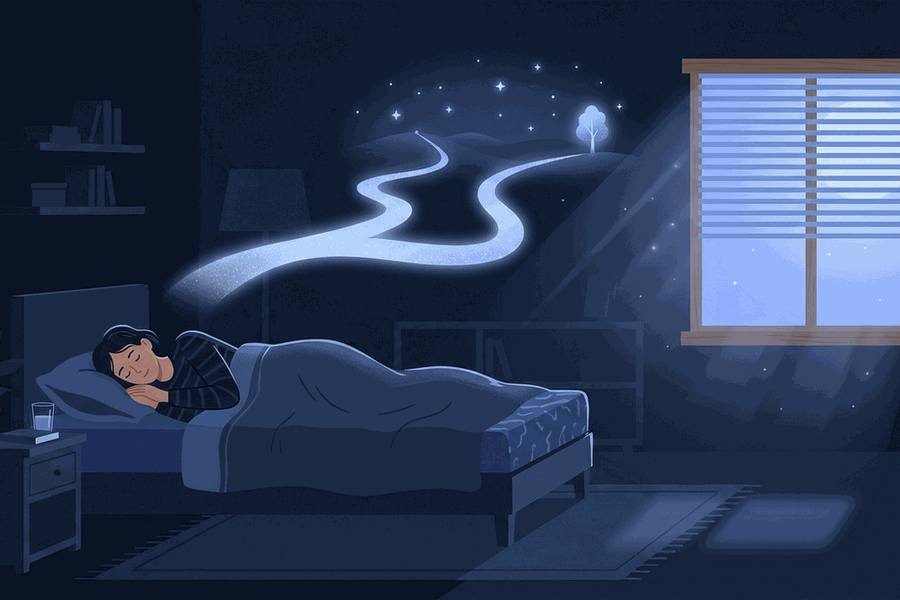 Ilustrasi kamar tidur gelap dengan cahaya bulan lewat jendela dan seseorang beristirahat nyenyak